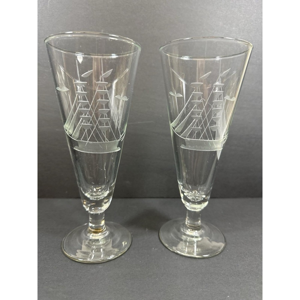 Javit Sailboat Pilsner Beer Glasses Etched‎ Nautical Clipper Schooner Ship 80's